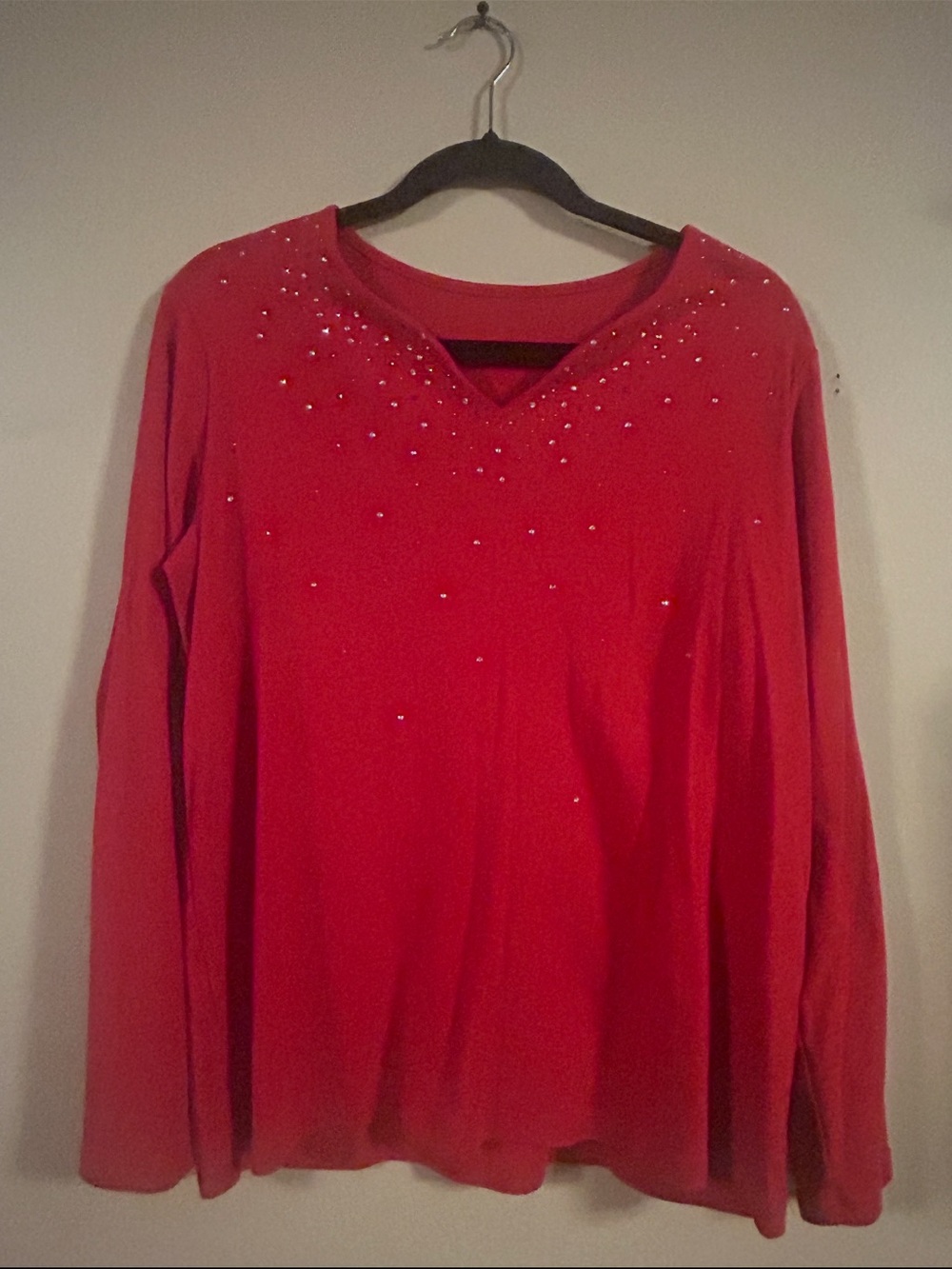 Red Rhinestone V-Neck Long Sleeve Top XL